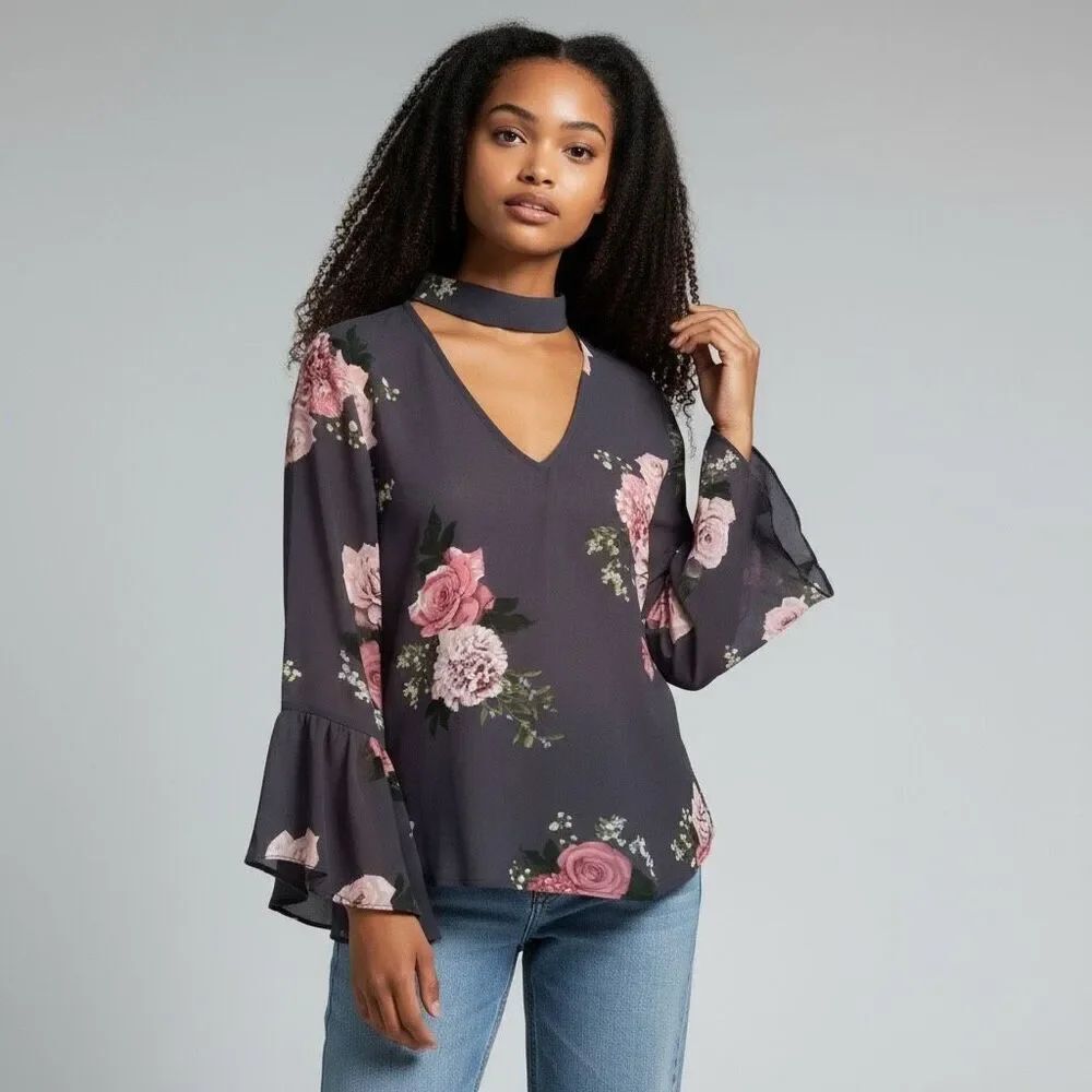 Live 4 Truth Gray Pink Floral Long Wide Sleeve V Neck Lightweight Blouse size m